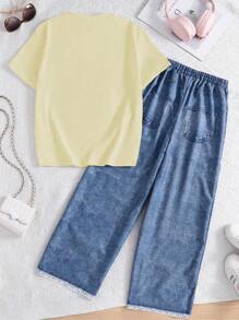 SHEIN 2pcs/Set Teen Girl Bow Decor Short Sleeve T-Shirt And Printed Wide-Leg Jeans Set - Multicolor - View 2