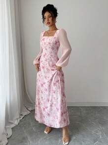 Modelyn 女式印花方领长袖优雅夏季中长连衣裙 - 粉色 - 查看 3