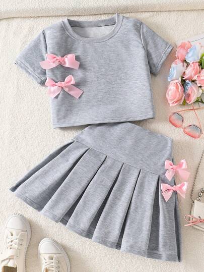 Sparklyn Tween Girl Bow Decor T-Shirt & Bow Decor Pleated Mini Skirt Set Summer Holiday