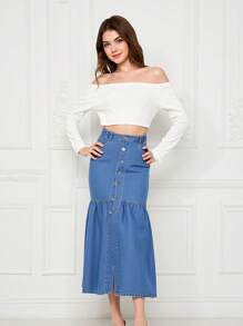 Sparklyn Teen Girl Personalized Street Fashion Style Front Button Elastic Waist Front Split Denim Skirt