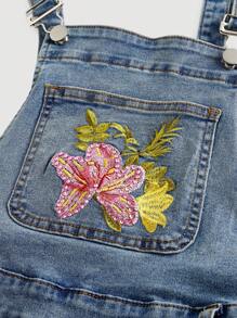 ROMWE Avant Women's Hawaiian Beach Vacation Style Hibiscus Embroidery & Rhinestone Denim Romper