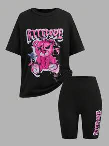 SHEIN Explorewe 6 件套青少年女孩休闲街头风格熊和赛车图案 T 恤 + 短裤 2 件套服装 - 彩色 - 查看 5