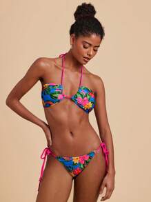 Travachic Conjunto de bikini con estampado tropical, con escote halter y nudo delantero sexy, para verano y playa, trajes de baño para mujer, atuendos de verano para mujer - Azul - Ver 3