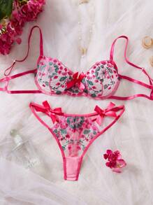 Bộ đồ lót ren lưới thêu hoa 2 món/bộ cho nữ - Màu Hồng Tươi - Xem 5