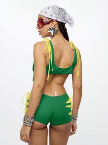SUMWON WOMEN Edgy Festival Two Piece Outfit Slashed Cut Out Dance Performance Co-Ord Rave Club Party Costume - Green - View 2