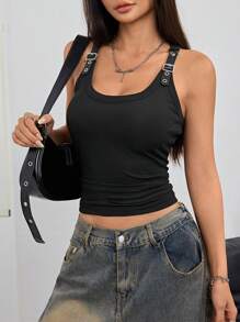 Flirla 夏季女士纯色褶皱性感PU皮革背心 - 黑色 - 查看 6