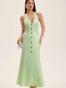 Femmeiva Sleeveless Single-Breasted Dress With Fishtail Hem For Women Elegant FashionableOld Money Style  For Summer Spring Fall Autumn - Green - View 1
