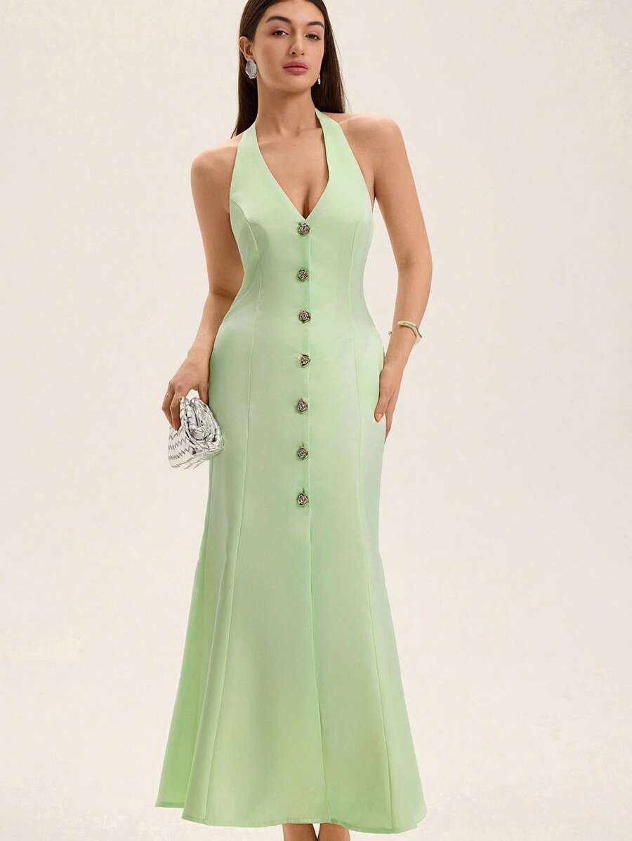 Femmeiva Sleeveless Single-Breasted Dress With Fishtail Hem For Women Elegant FashionableOld Money Style For Summer Spring Fall Autumn - Green - View 1