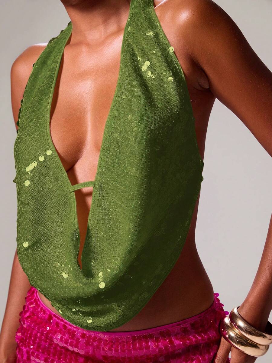 MUSERA 露背吊带露肩亮片无袖上衣，适合伊比沙岛度假、春节、浪漫优雅的生日派对、锐舞派对、可爱节日、牛仔风、圣诞节等场合，尽显优雅气质。 - 墨綠色 - 查看 1