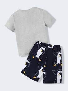 SHEIN 2pcs Tween Boys Cute Penguin Print T-Shirt And Shorts Set, Pajamas