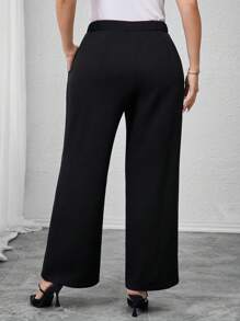 Modelyn Plus Size Women's Solid Color Waist Button Design Wide Leg Casual Pants - Black - View 2