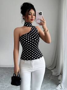 Elenzga 女式圆点印花镂空设计修身上衣 - 黑色 - 查看 8