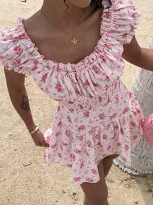 DAZY Women's Floral Print Off Shoulder Ruffle Trim Short Sleeve Vacation Dress,Beach Outfits