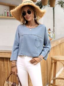 SHEIN LUNE Women's Casual Daily Washed Round Neck Patch Pocket Denim Blouse
