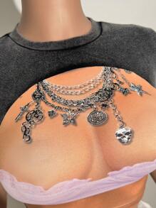 Slaydiva 2025 春夏新款波西米亚音乐节休闲街头时尚性感可爱甜美 Y2K 图案漂白短款短袖修身 T 恤上衣 - 灰色 - 查看 9