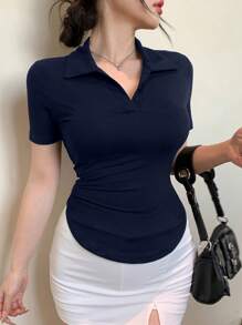 DAZY Women's Sexy Slim Fit Casual Polo Collar Short Sleeve T-Shirt, Summer,Back To School Clothes - Navy Blue - View 1