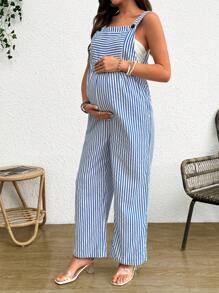 SHEIN Striped Long Square Neck Strap Jumpsuit With Pockets For Maternity - Blue - View 3