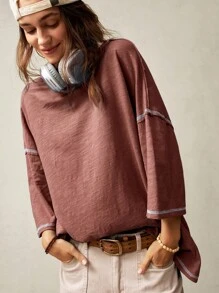 Bohemela Plain Knit Casual Round Neck Short Sleeve Plus Size Washed T-Shirt For Plus Size,Vintage