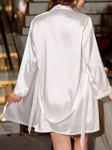 SilkySpell Women Sexy Satin Floral Embroidered Cami Nightgown With Belted Robe 2 Pieces Pajama Set, All Season, Fall Winter Clothes - White - View 2