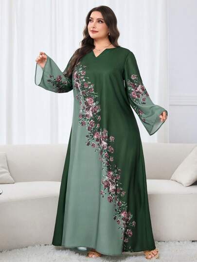 Al Najma 大码女式花卉印花 V 领长袖阿拉伯风格连衣裙，端庄的卡夫坦