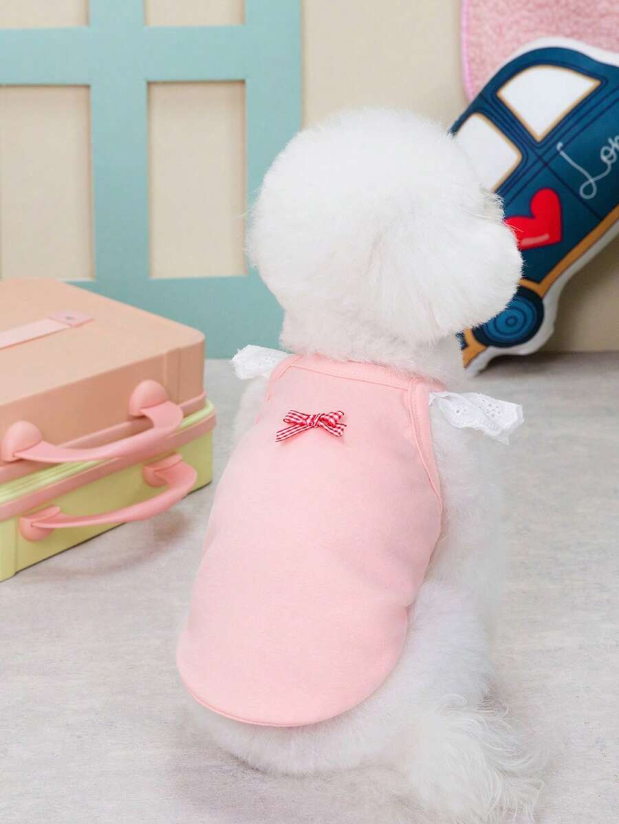 PETSIN Cute Sweet Lady-Like Design Petite Bow And Flounce Sleeves Pet Vest Tops, Soft & Breathable Fabric, Suitable For Summer Outdoor Cat Dog, European And American Bestsellers - Pink - View 1