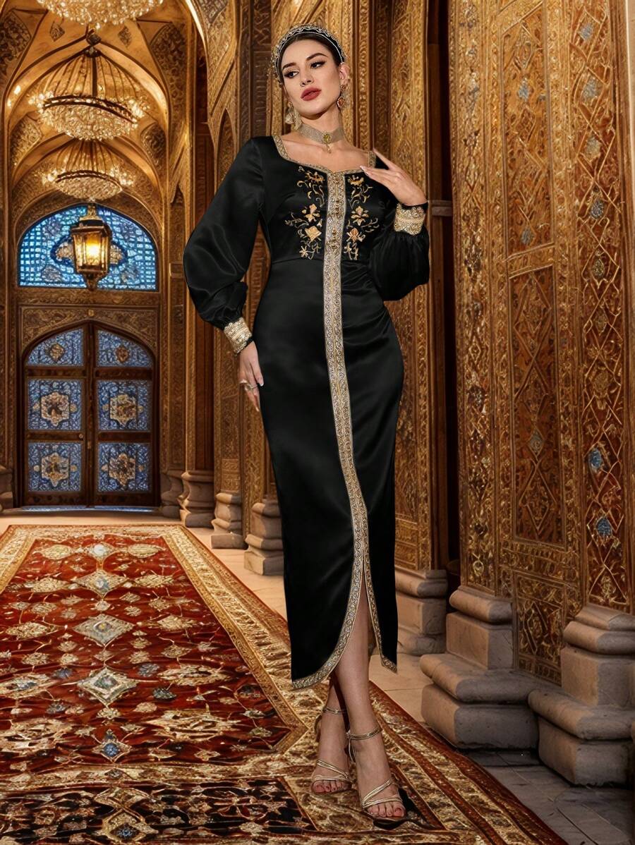 Al Najma 女士优雅花朵刺绣装饰阿拉伯风格长裙