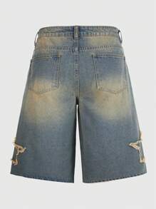 ROMWE MEN Street Life Men's Street Loose Fit Frayed Edge Star Pocket Contrast Color Casual Denim Jeans - Ginger - View 3