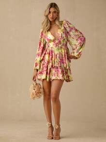 Enchnt 女士花卉印花深V领灯笼袖时尚迷你度假连衣裙 - 黃色 - 查看 4