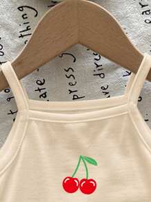 SHEIN Young Girl Casual Minimalist Cute Cherry Print Beige Camisole Top, Suitable For Summer - Khaki - View 3