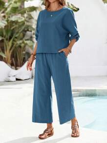 EMERY ROSE Set de 2 piezas con top de cuello redondo y mangas 3/4 y pantalones de largo completo, unicolor, para mujeres - Azul Marino - Ver 3