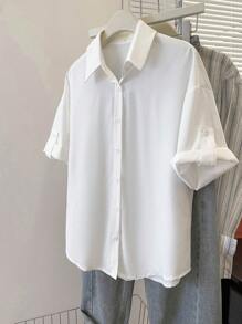 Resyla Women's Solid Color Button-Front Casual Short Sleeve Shirt, Summer - White - View 6