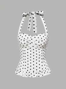 ROMWE Avant Women's Romantic Vacation Style Polka Dot & Plaid Backless Halter Neck Tank Top Sets