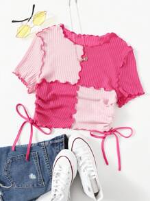 SHEIN EZwear Plus Size Women Sweet Contrast Color Ruffle Tie Neck Pleated T-Shirt - Hot Pink - View 1