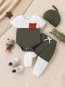 女宝宝春夏季居家简约休闲运动装信封领绿白撞色棕色撞色口袋连体裤套装带帽子