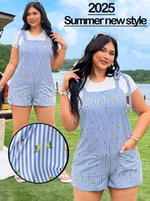 SHEIN EZwear 夏季最新款蓝白条纹梭织印花连体裤 - 彩色 - 查看 2