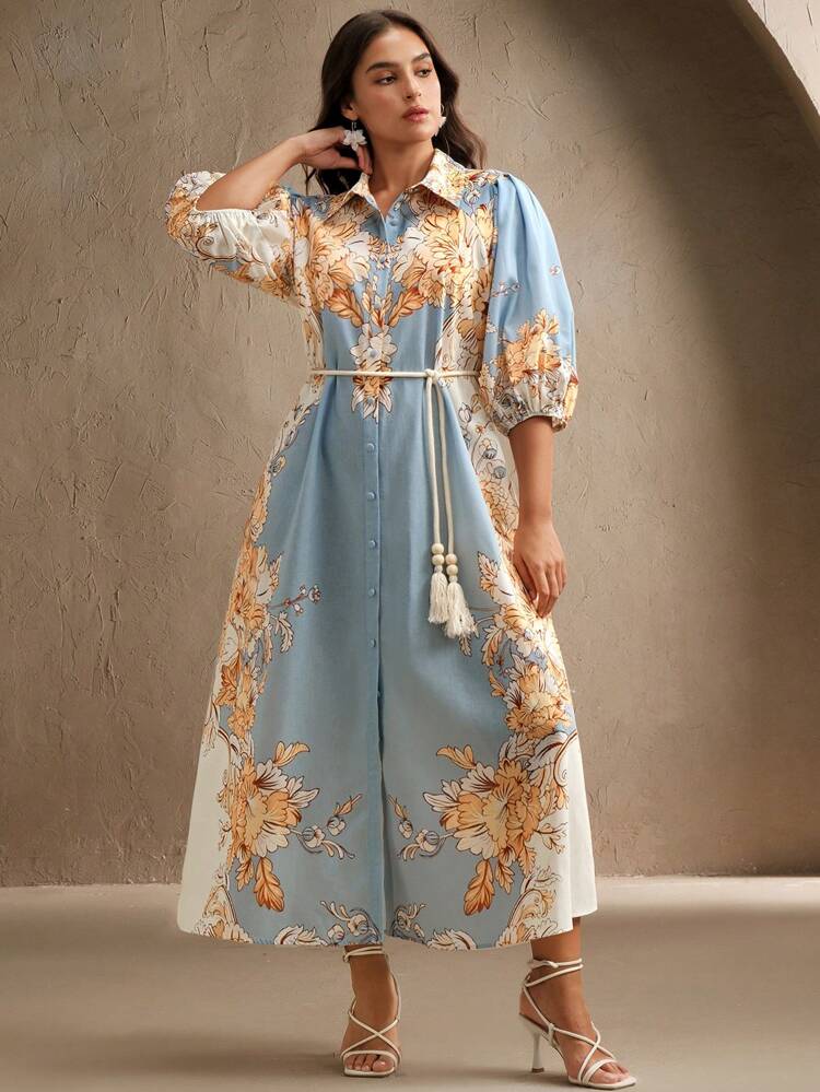 Printed Casual Bohemian Dress With Waistbelt For Women