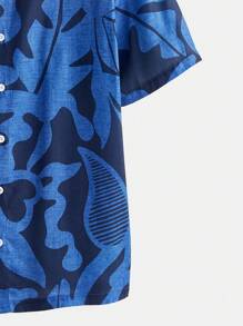 SHEIN Maija 2025 春夏新品男士宽松翻领休闲衬衫，蓝色夏季艺术涂鸦印花，适合海滩、度假、派对、婚礼宾客、浪漫郊游 - 藍色 - 查看 11