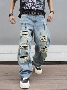 Manfinity EMRG Jeans de mezclilla de estilo callejero para hombres con bolsillo de contraste y efecto desgastado