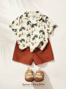 Cozy Pixies 2pcs Baby Boy Plant & Floral Pattern Lapel Short Sleeve Cardigan And Elastic Waist Shorts Set - Multicolor - View 3