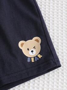 Cozy Pixies 男婴四件套：卡通熊针织柔软领短袖上衣和松紧腰短裤 - 藍色 - 查看 5