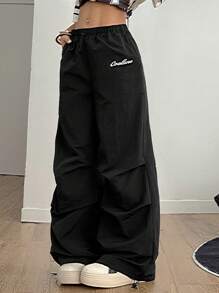 Coolane Women's Summer Streetwear Going Out Letter Print Drawstring Waist Pleated Wide Leg Casual Black Pants Cargo Pants - Black - View 2