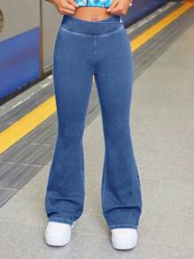 SHEIN Tween Girl Fashion Casual Blue Denim Daily Exercise Basics Stretch Slim Flared Jeans For Girls Soft Dailywear And The Four Seasonsr Tween Girl Clothes - Medium Wash - View 3