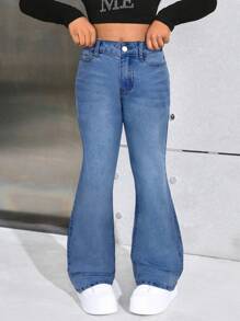 SHEIN Tween Girl Y2K Fashionable Casual Flare Leg Jeans Star Pattern With Rhinestones, Fall Clothes Back To School - Light Wash - View 5