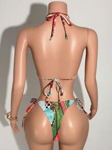 Slaydiva 2025 Spring/Summer New Romantic Beach Party Personalized Dopamine Colorful Leopard Floral Print Sheer Mesh Bralette & Fish Tail Skirt Bikini Swimwear Set, Western Wear Women - Multicolor - View 11