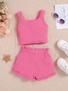 SHEIN Young Girl Sleeveless Tank Top And Shorts Casual Loungewear Set - Pink - View 2