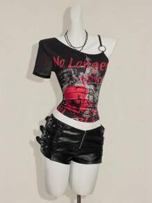 SHEIN ICON Women Y2k Going Out Dragon Print Asymmetrical Neckline Short Sleeve Fashionable T-Shirt,Everyday Wear