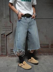 Manfinity EMRG 大码男士休闲水洗牛仔磨边短裤