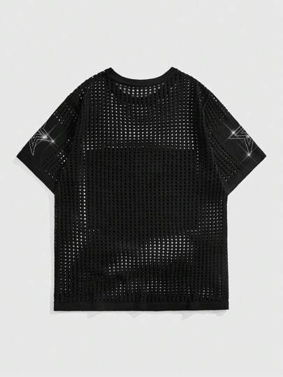 Prep Men's Jersey Fashion Rhinestone Hollow Out Knit Sweater, Summer