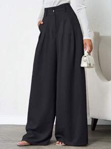 EURMUSE 加大码 100% 纯棉 高个女式米色深褶亚麻裤 - 黑色 - 查看 3