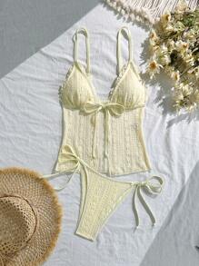 Swim Mod 简约可爱蕾丝面料纯色肩带长款上衣和系带侧三角泳衣两件套 - 米色 - 查看 6